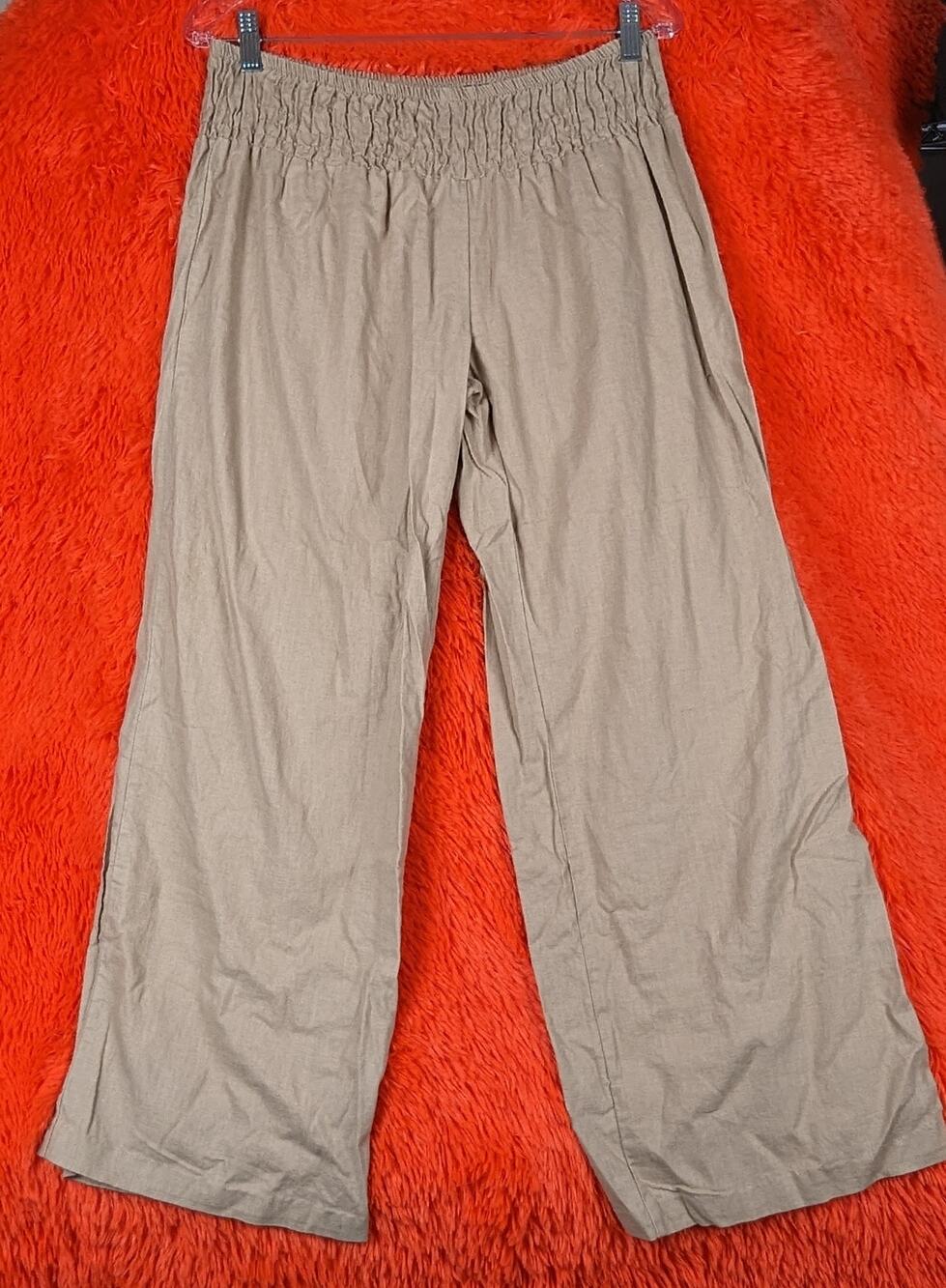 Metro Seven 7 Khaki Stretchy Waist Cotton Linen Blend Wide Leg Pants Missy L
